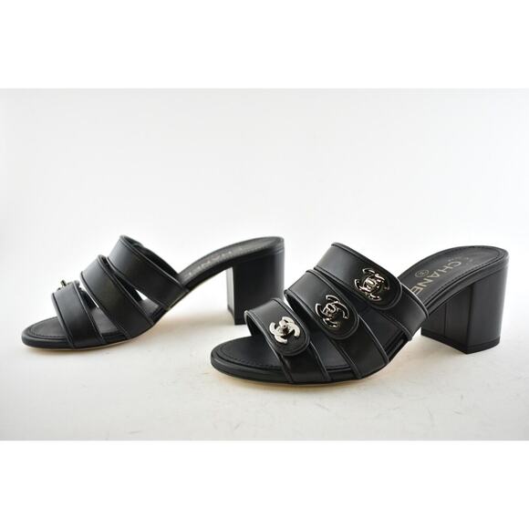 Chanel 19P Black Leather Turnlock CC Logo Mule Strap Slide Block Heel Sandal 36 - Picture 10 of 12